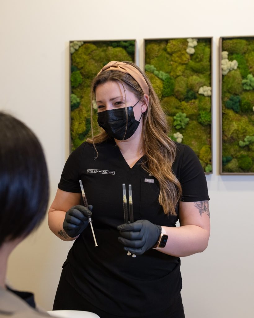 Woman with beautiful clean skin wearing mask in ZEN Dermatology in Sacramento, CA